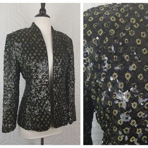 Black Sequin Beaded Evening Jacket Sequin Cocktail Blazer Gold Flower Accents S